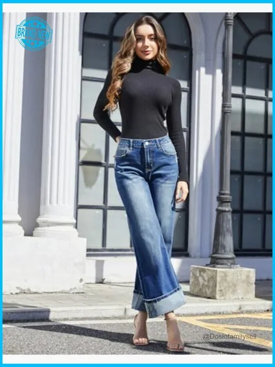 Wide Leg Jeans High Waisted Stretchy Cuffed Baggy Denim Pants Y2K - Picture 3 of 6